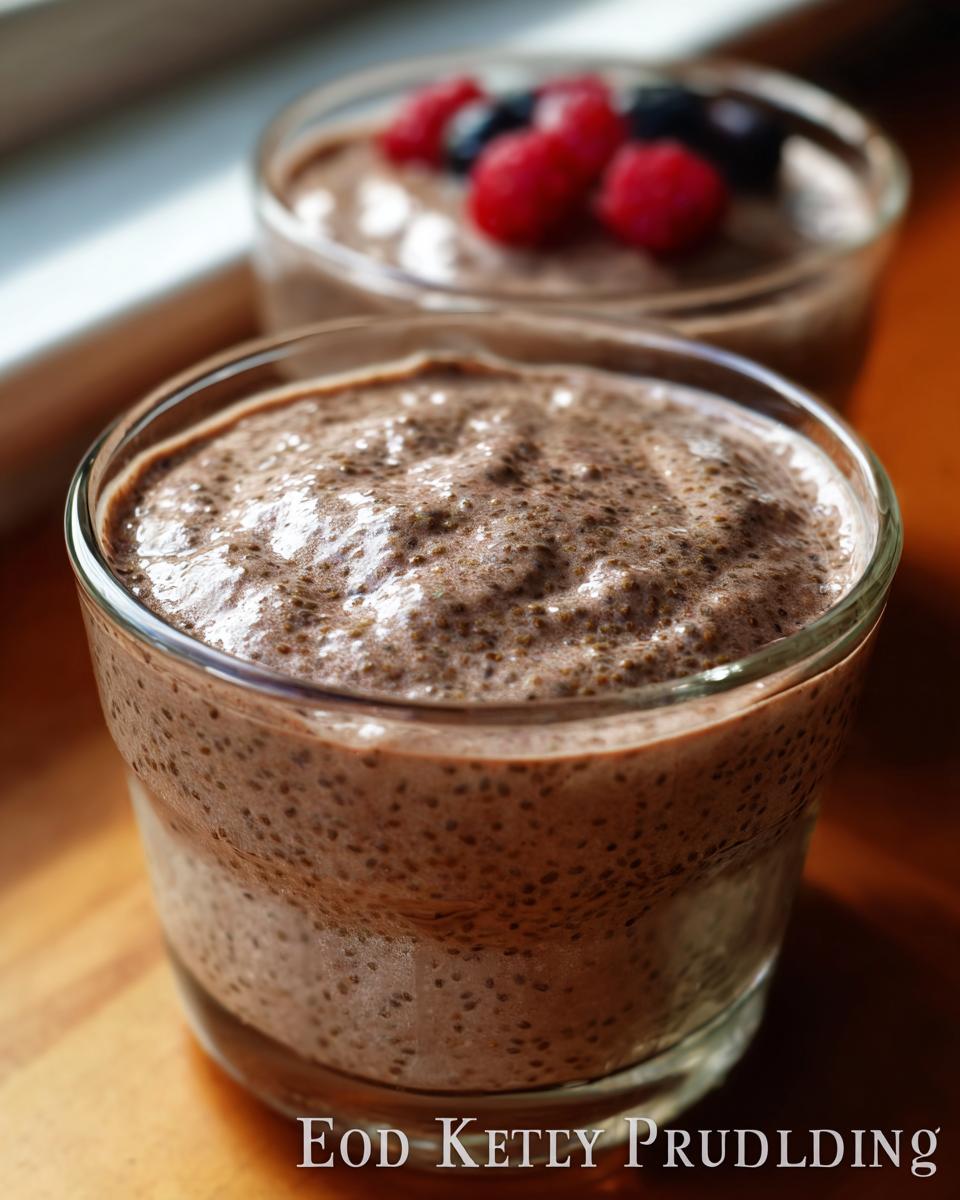 Close-up of a glass of low carb protein pudding, topped with fresh raspberries and blueberries.