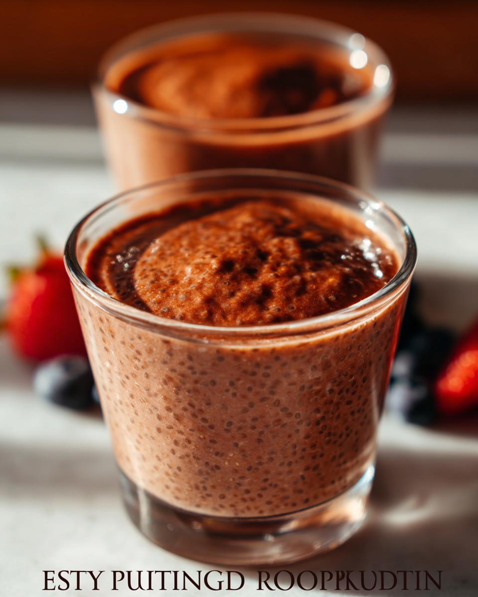 Close-up of a glass of rich chocolate Low Carb Protein Pudding with chia seeds, garnished with berries.