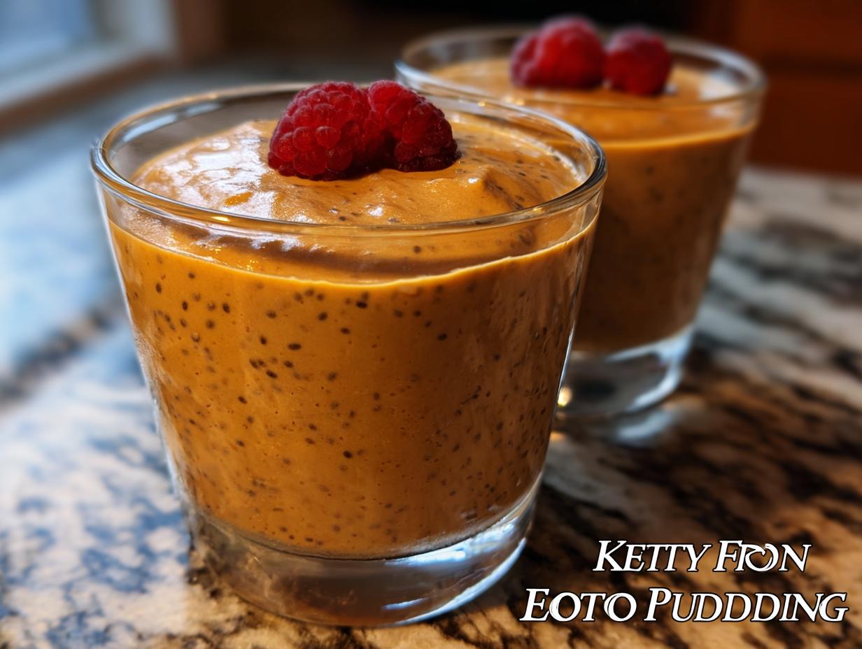Two glasses of creamy Low Carb Protein Pudding topped with fresh raspberries.