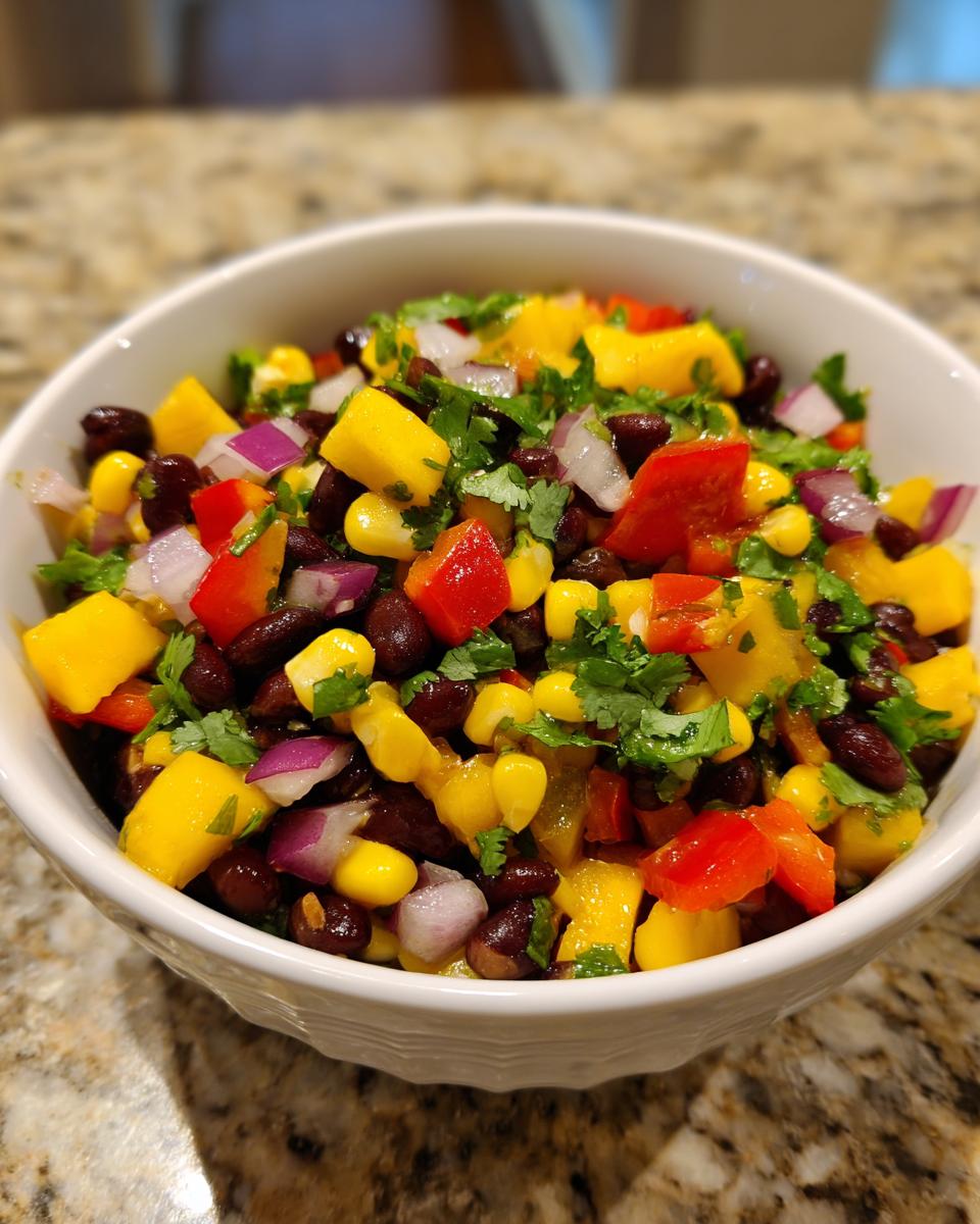 A vibrant bowl of Mango Black Bean Picnic Salad, featuring black beans, corn, diced mango, red bell peppers, red onion, and cilantro.