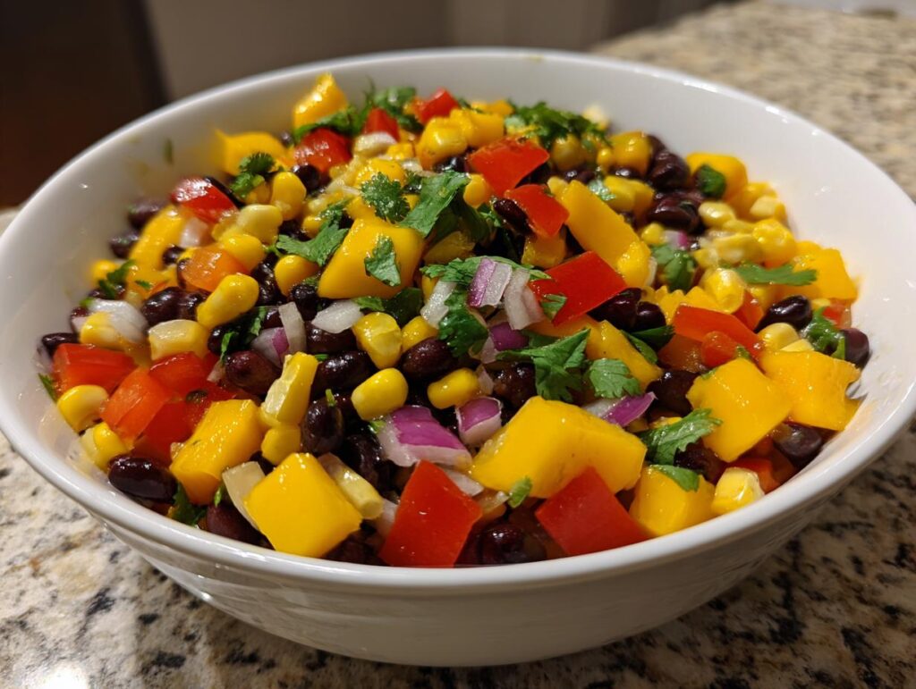 A vibrant bowl of Mango Black Bean Picnic Salad, featuring chunks of mango, black beans, corn, red bell pepper, red onion, and cilantro.