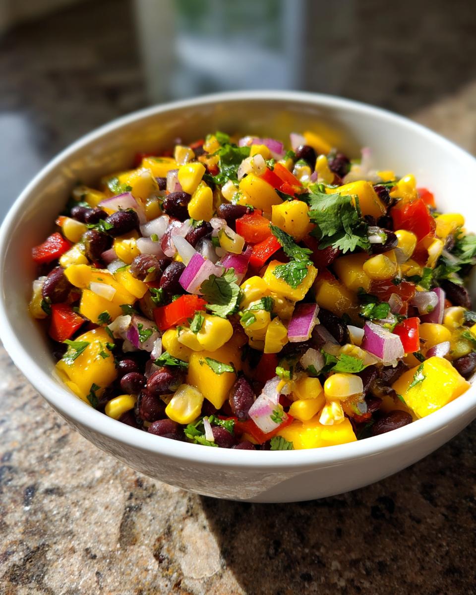 A vibrant bowl of Summer Salad Recipes with Mango Black Bean Picnic Salad, featuring corn, red bell peppers, red onion, and cilantro.