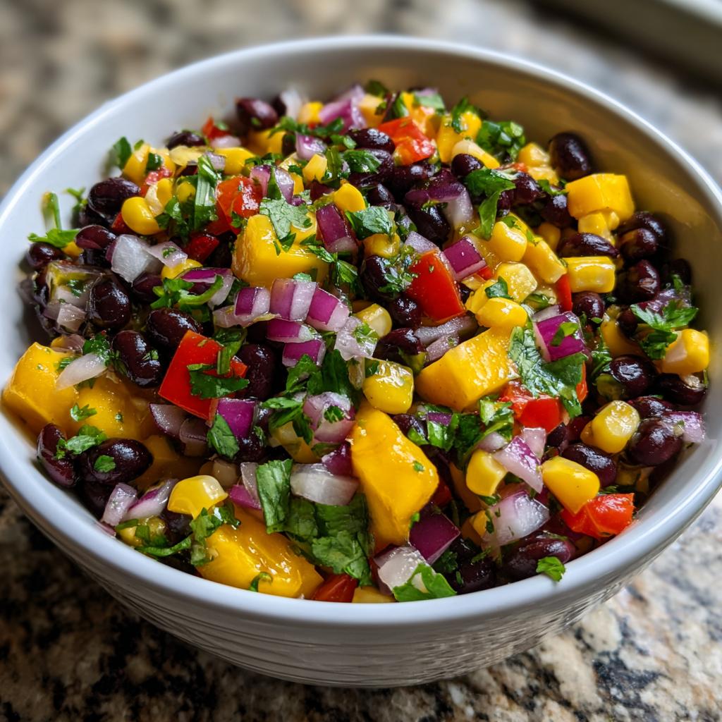 A vibrant bowl of Summer Salad Recipes with Mango Black Bean, featuring black beans, corn, mango, red onion, and cilantro.