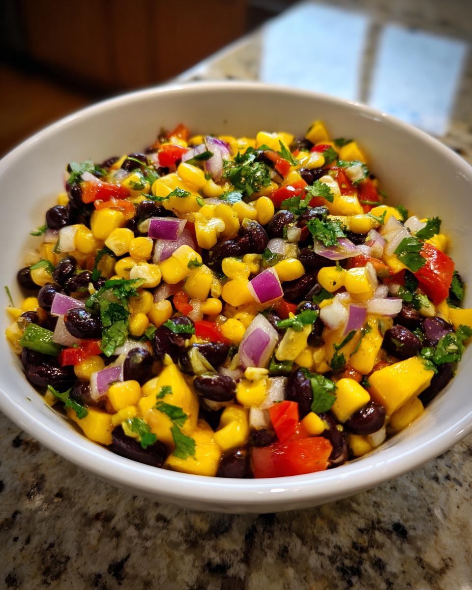 A vibrant bowl of Mango Black Bean Picnic Salad, featuring corn, black beans, mango, red onion, bell peppers, and cilantro.