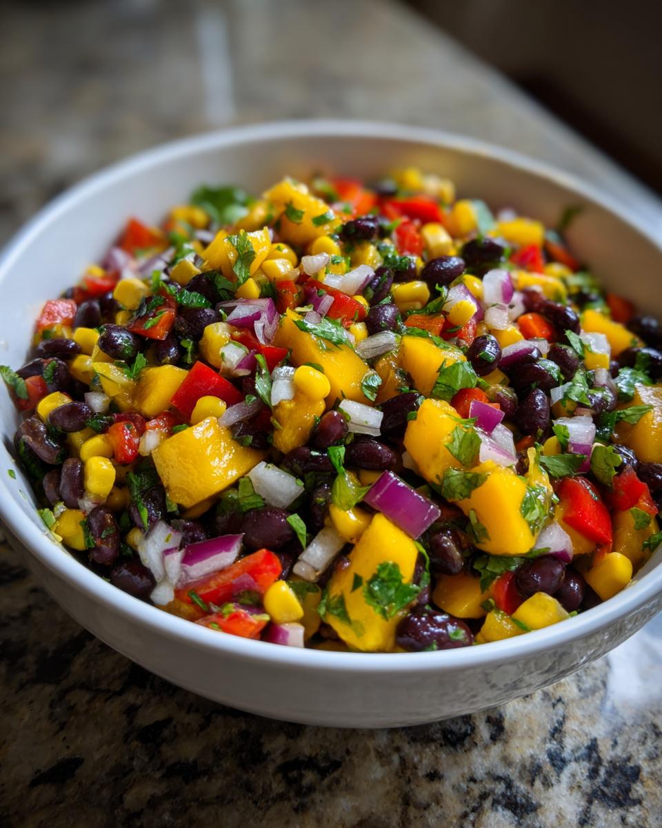 A vibrant bowl of Mango Black Bean Picnic Salad, featuring chunks of mango, black beans, corn, red bell pepper, and red onion with cilantro.