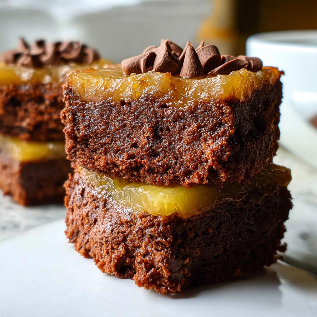 Close-up of two stacked Mini Pineapple Upside-Down Cheesecakes, topped with chocolate shavings.