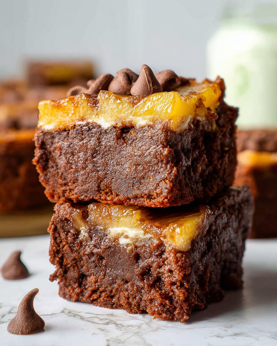 Two rich chocolate mini pineapple upside-down cheesecakes stacked, topped with pineapple and chocolate chips.