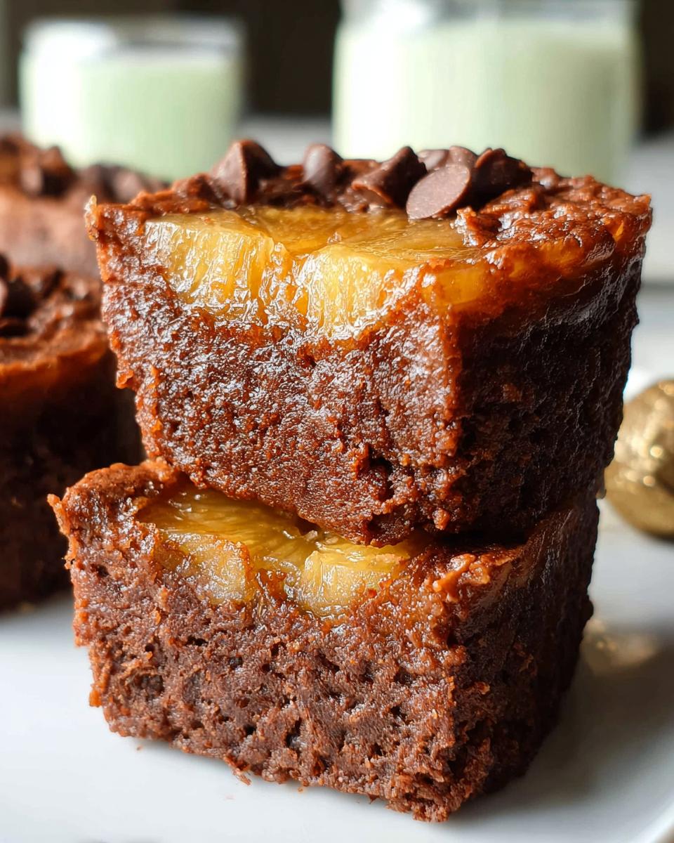 Close-up of two stacked Mini Pineapple Upside-Down Cheesecakes, topped with chocolate chips.