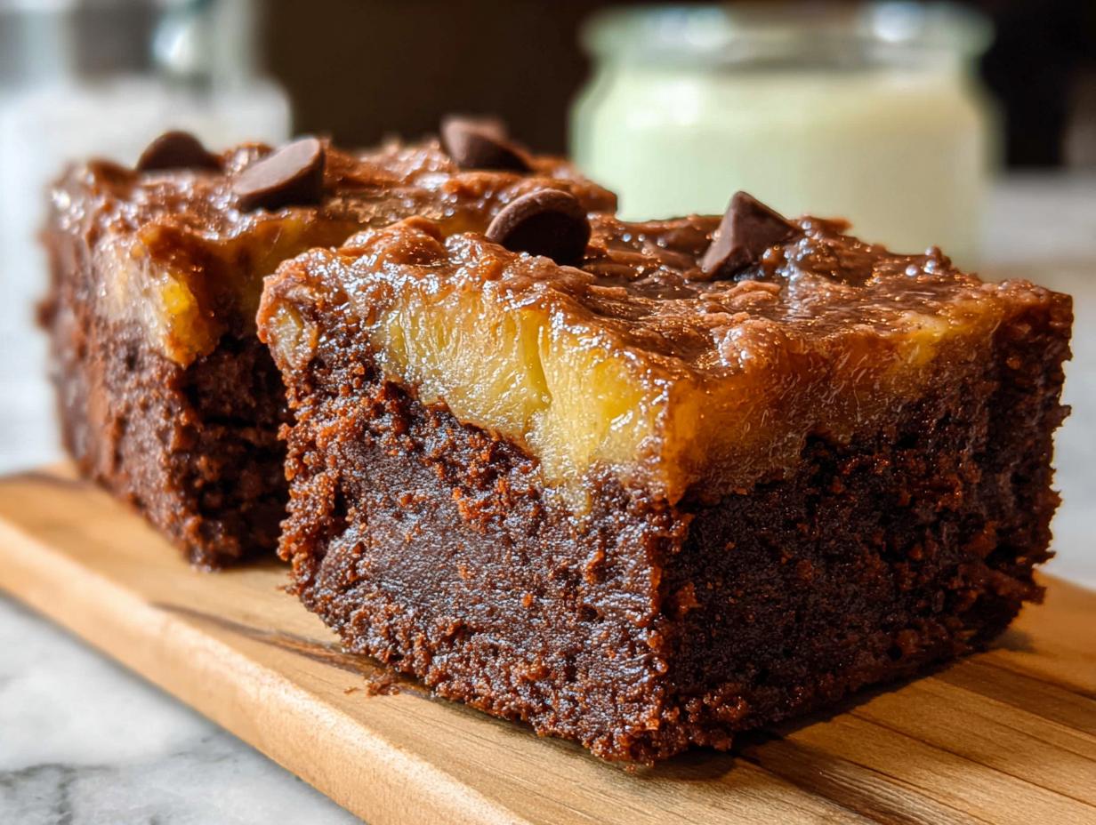 Two rich chocolate mini pineapple upside-down cheesecakes topped with pineapple chunks and chocolate chips on a wooden board.