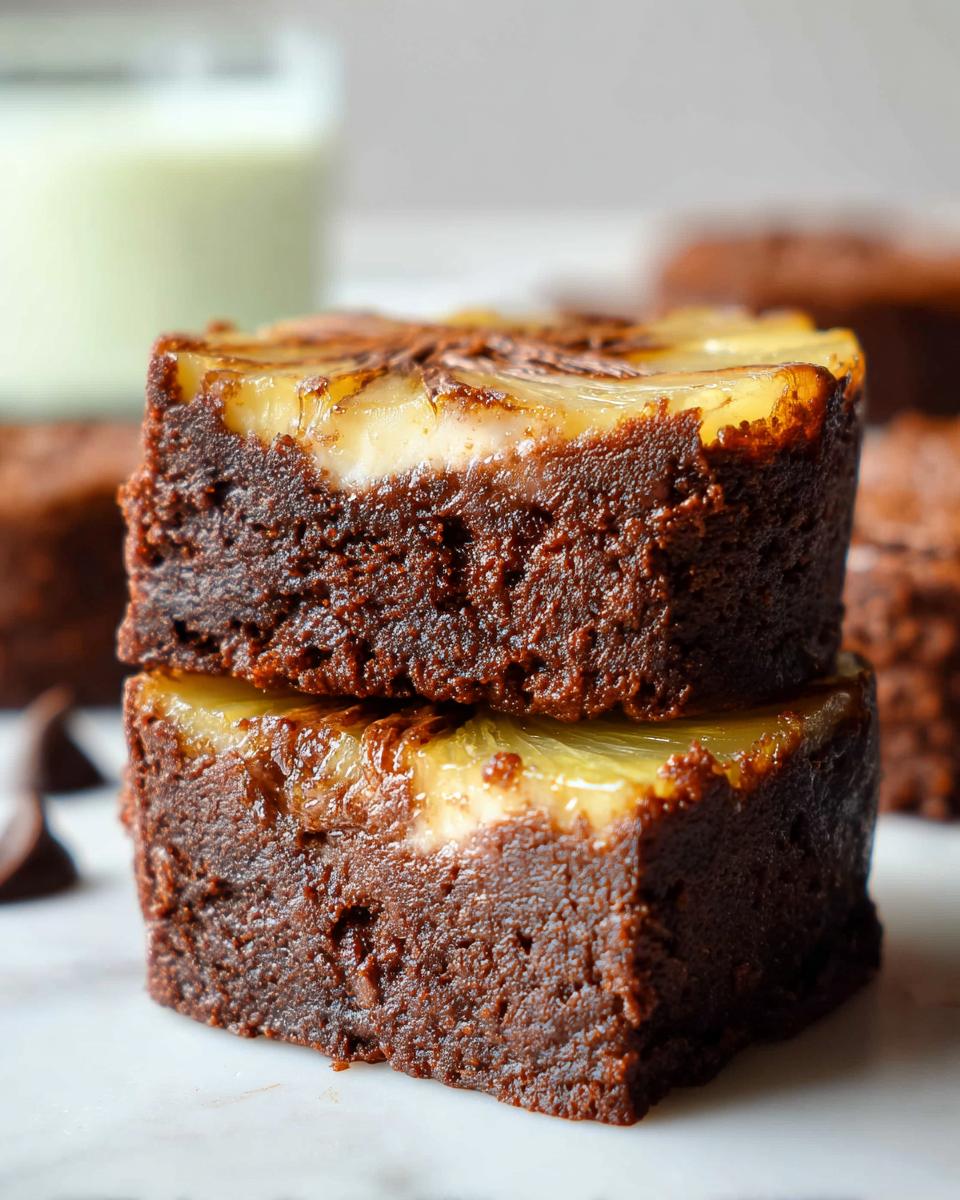 Two rich chocolate Mini Pineapple Upside-Down Cheesecakes stacked on top of each other, showcasing the pineapple topping.