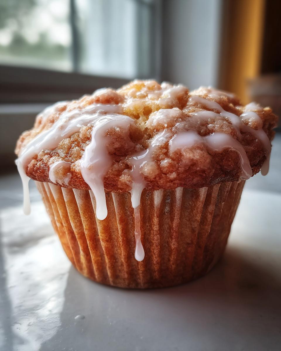 A close-up of a moist peach muffin topped with a sweet vanilla glaze, perfect for peach recipes.