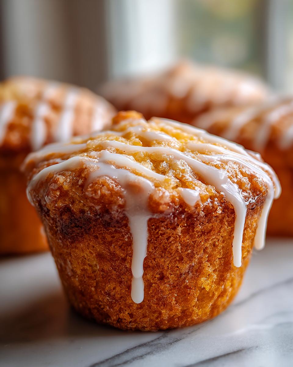 Close-up of a moist peach muffin topped with a sweet vanilla glaze drizzle.