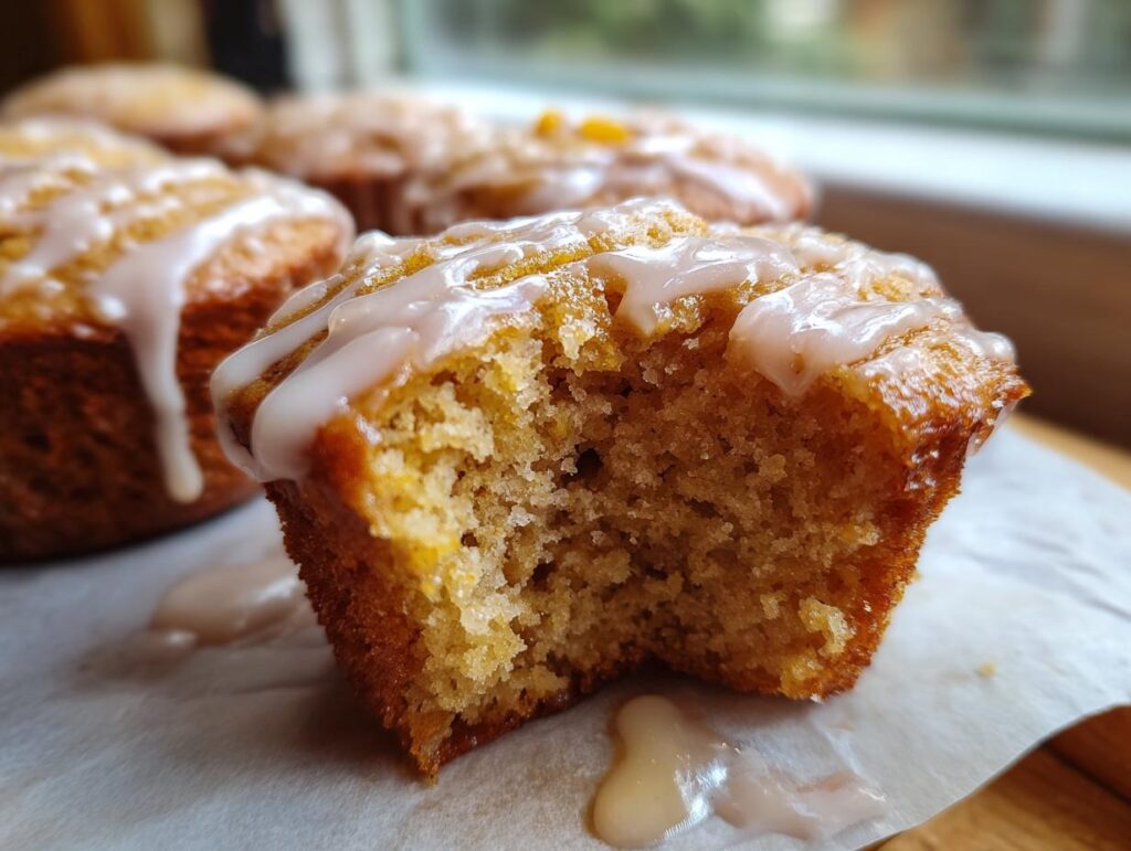 Close-up of a moist peach muffin with a bite taken out, drizzled with vanilla glaze.