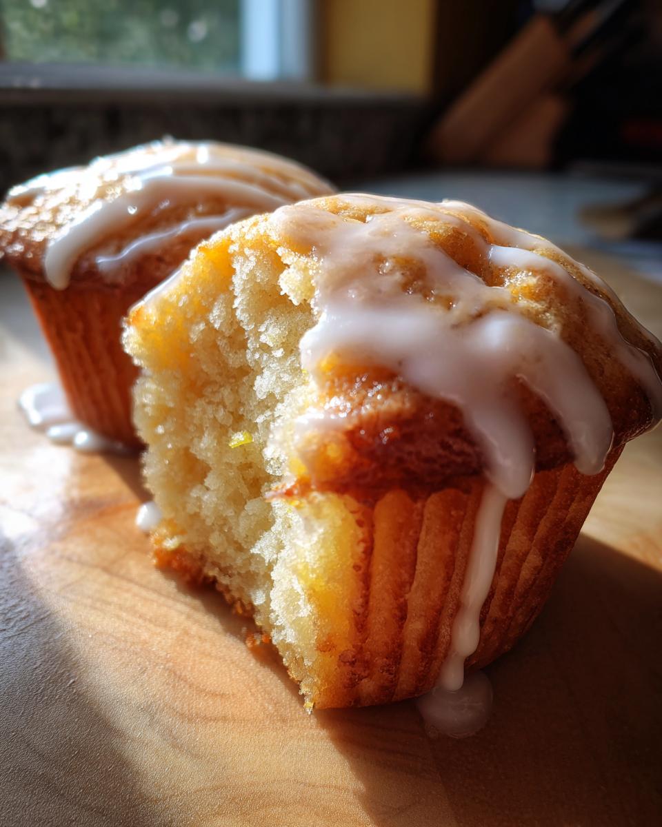 Close-up of a moist peach muffin with vanilla glaze, one muffin is bitten into, revealing its fluffy interior.