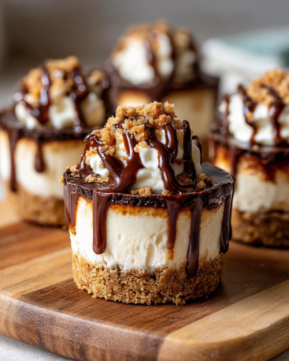 Close-up of decadent no-bake cheesecake cups topped with whipped cream, chocolate drizzle, and cookie crumbs, perfect for Fourth of July desserts.