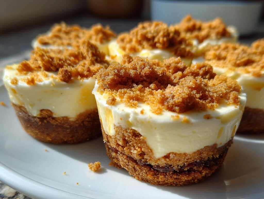 Close-up of no-bake cheesecake cups topped with crumbled graham cracker, perfect for Fourth of July desserts.