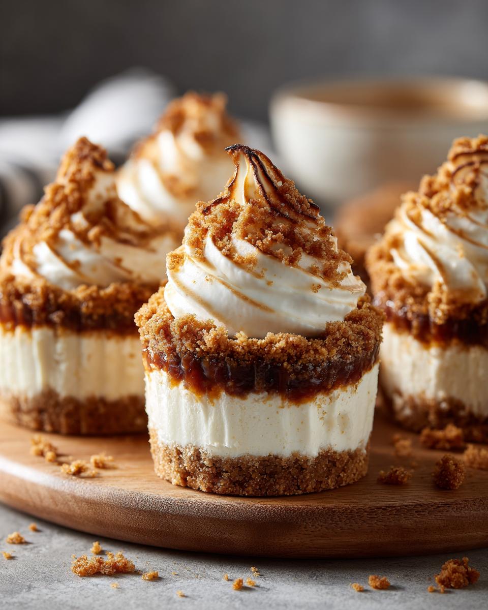 Close-up of individual no-bake cheesecake cups with creamy white filling, caramel layer, graham cracker crust, and whipped topping.