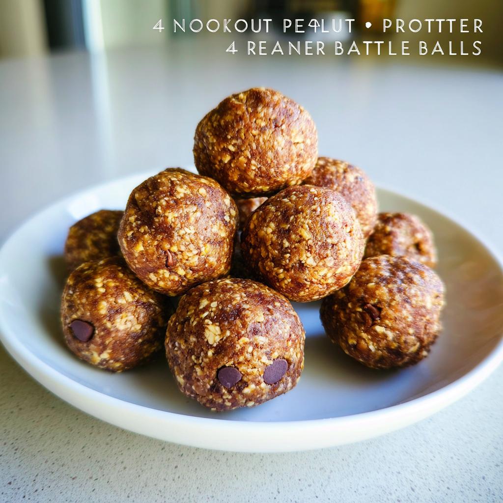 A stack of No-Bake Chocolate Peanut Butter Protein Balls on a white plate, some with visible chocolate chips.