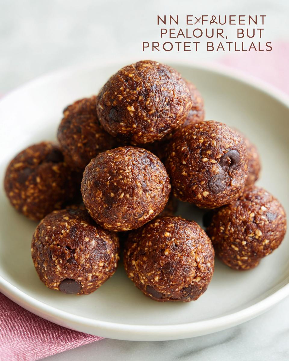 A pile of No-Bake Chocolate Peanut Butter Protein Balls on a white plate, with visible chocolate chips.