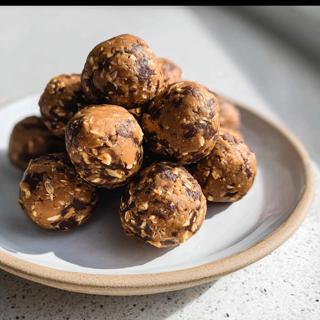 A pile of delicious no-bake chocolate peanut butter protein balls on a white plate.