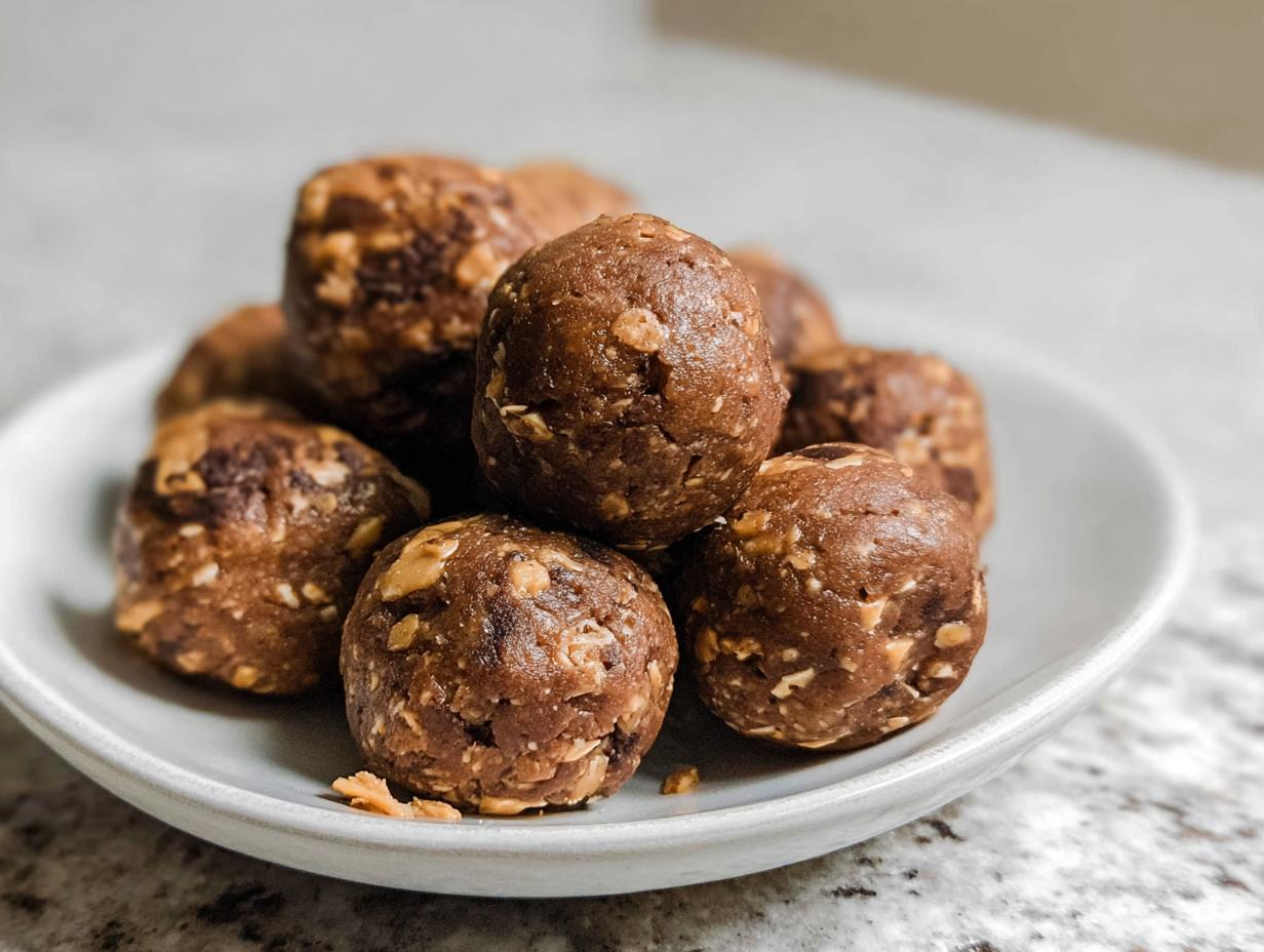 A pile of delicious No-Bake Chocolate Peanut Butter Protein Balls on a white plate.