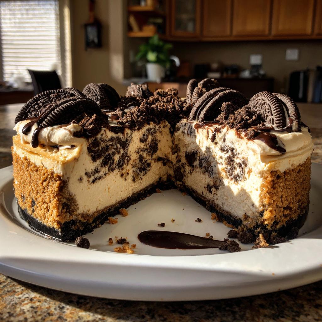 A slice of no-bake Oreo cheesecake with a cookie crust, topped with whipped cream, Oreos, and chocolate drizzle.