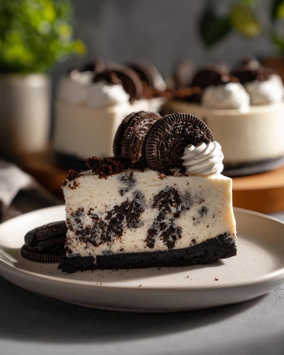 A slice of no bake Oreo cheesecake with chunks of Oreo cookies and whipped cream on top.