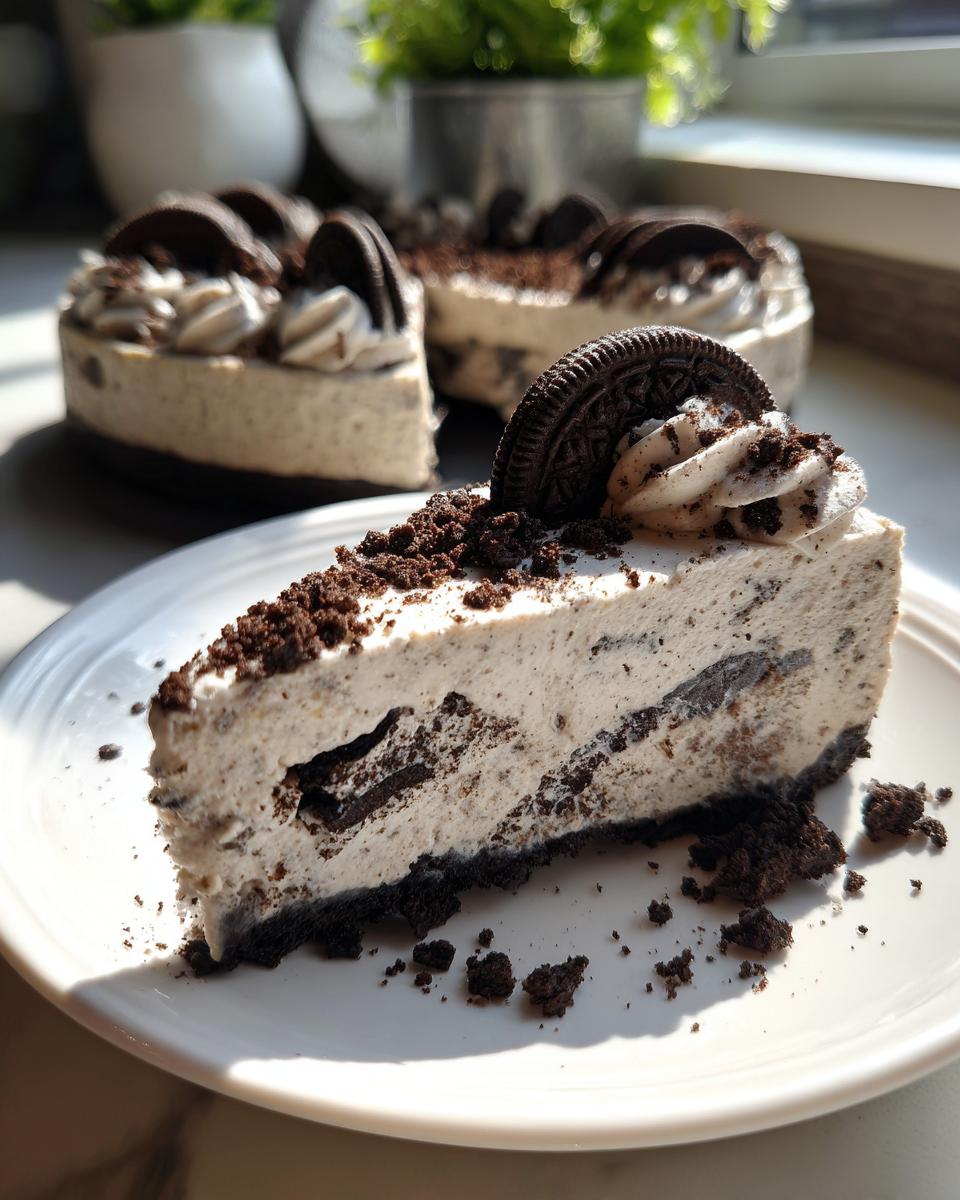 A slice of no bake Oreo cheesecake on a white plate, topped with crushed Oreos and a whole Oreo cookie.