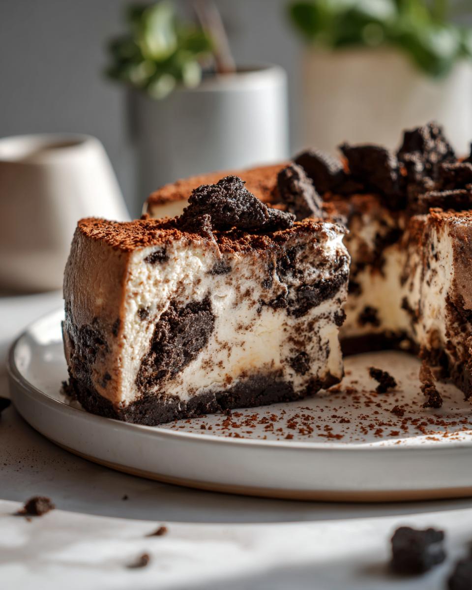 A slice of no bake Oreo cheesecake with chunks of Oreo cookies and dusted with cocoa powder.