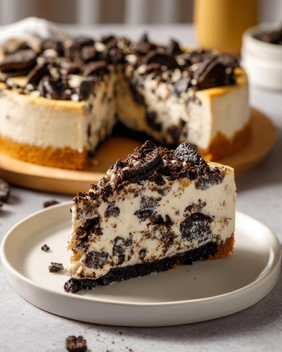A slice of no-bake Oreo cheesecake with a chocolate cookie crust, topped with crushed Oreos and white chocolate chips.