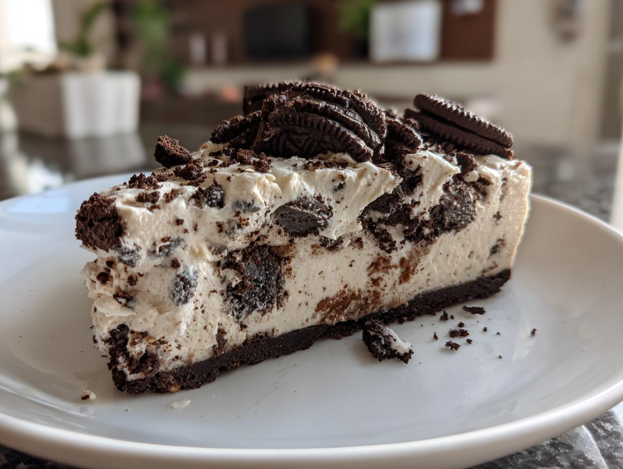 A delicious slice of no bake Oreo cheesecake, perfect for easy parties, topped with whole and crushed Oreos.