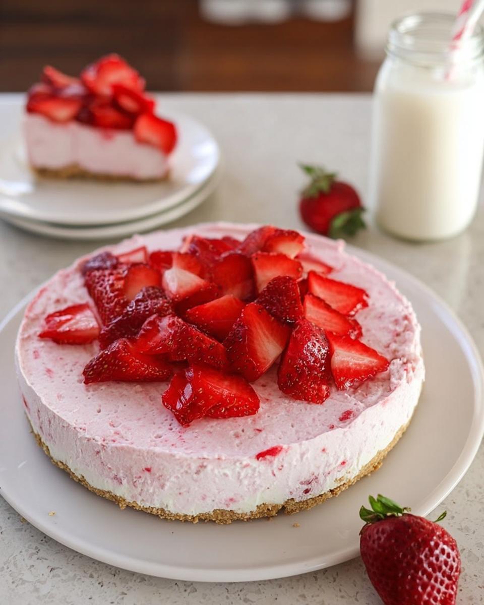 A whole no-bake strawberry cloud cake topped with fresh strawberries, with a slice in the background.