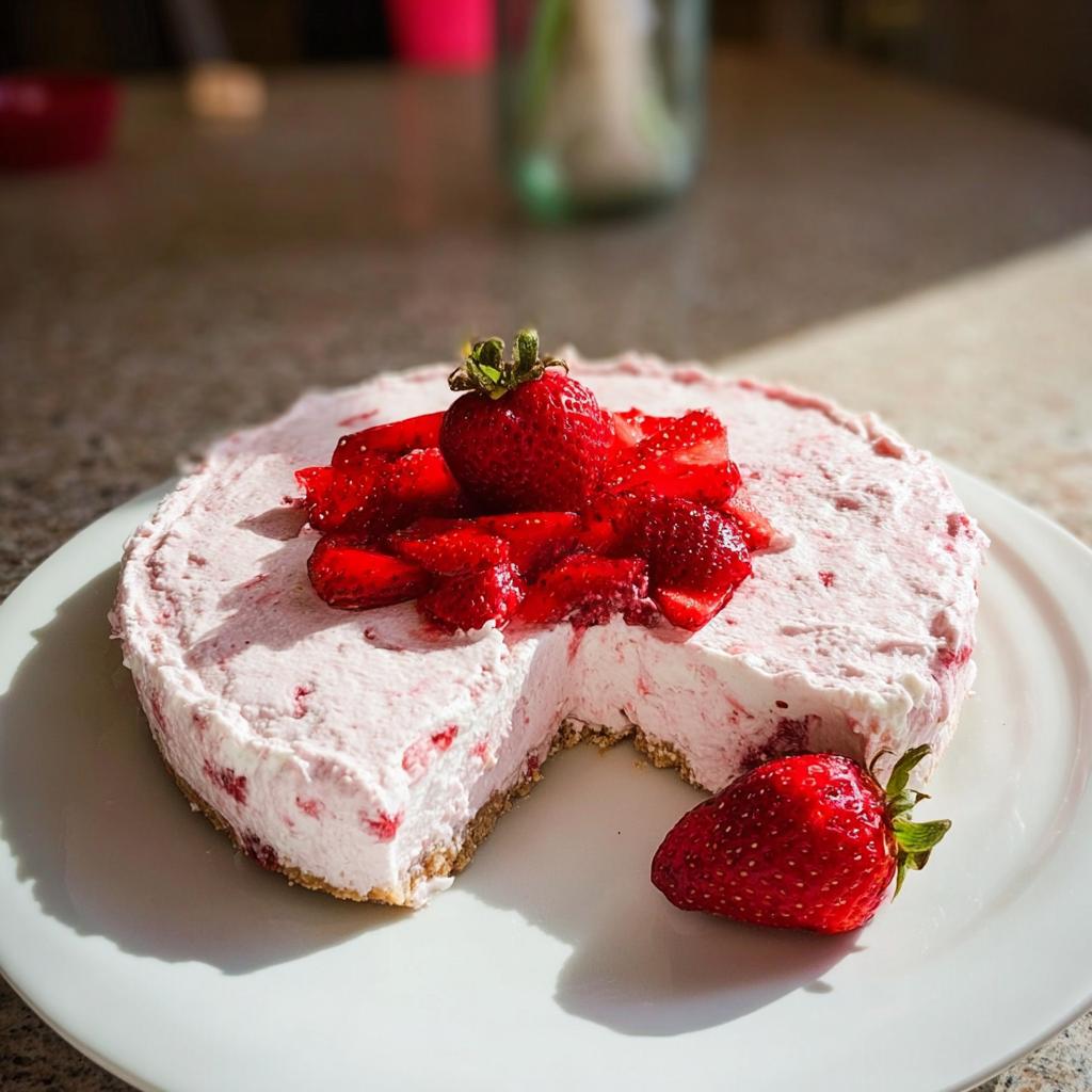 A slice of Light & Healthy Dessert Idea: No-Bake Strawberry Cloud Cake, topped with fresh strawberries.
