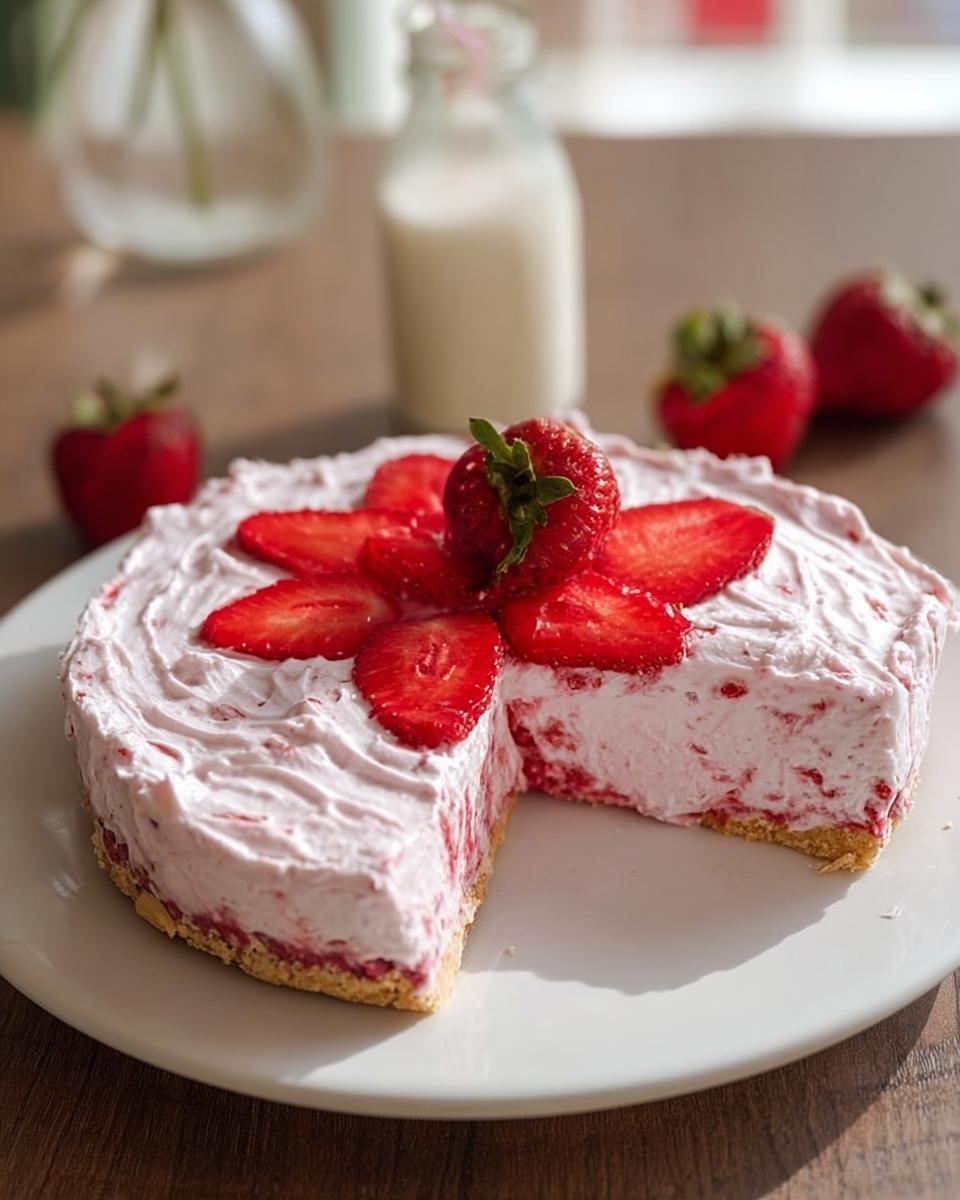 A slice of no-bake strawberry cloud cake, topped with fresh strawberries and a strawberry center.