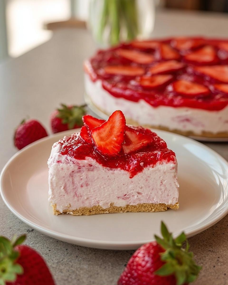 A slice of no-bake strawberry cloud cake on a white plate, topped with fresh strawberries and strawberry glaze.