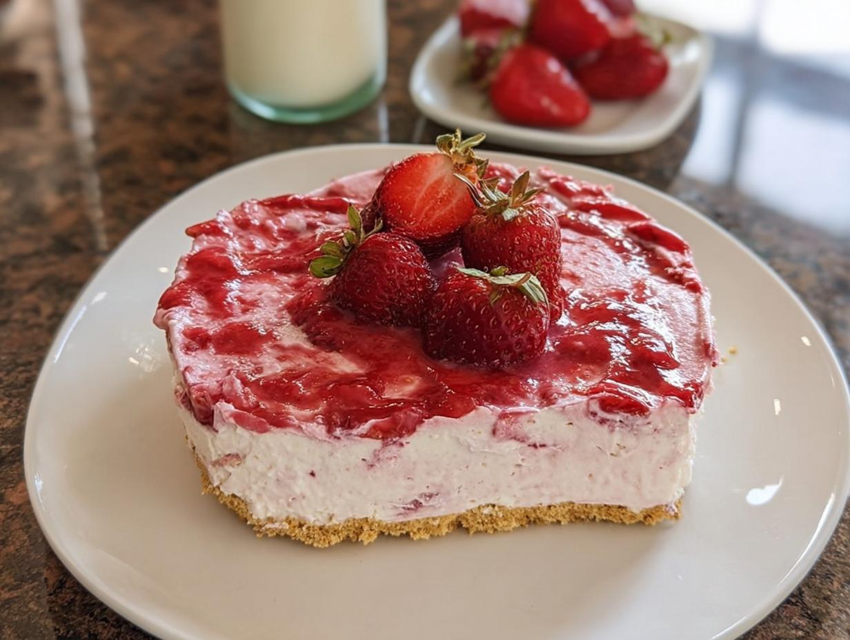 A slice of no-bake strawberry cloud cake on a white plate, topped with fresh strawberries and strawberry sauce.