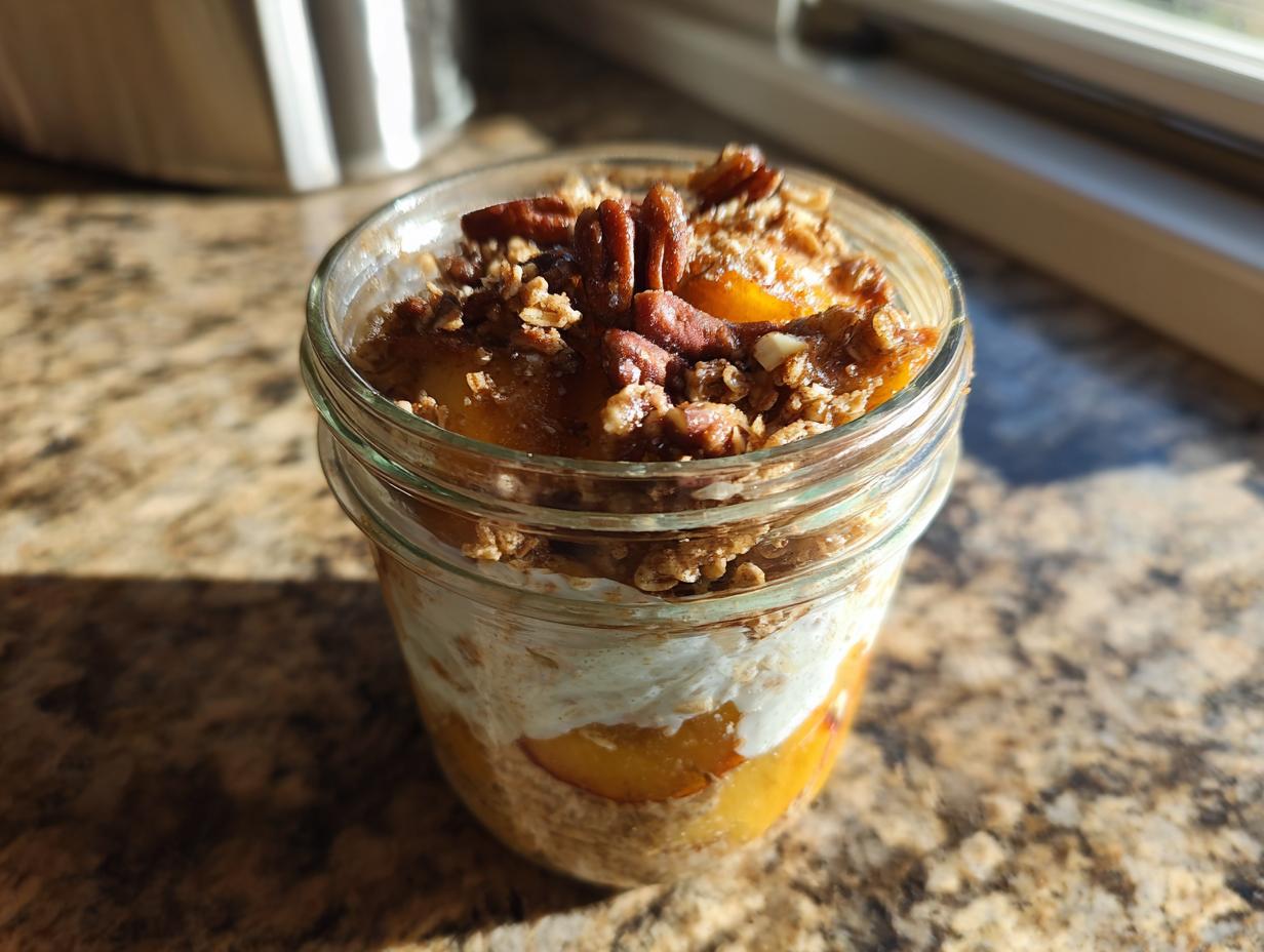 Overnight oats in a jar layered with peaches, yogurt, and a pecan crumble topping.