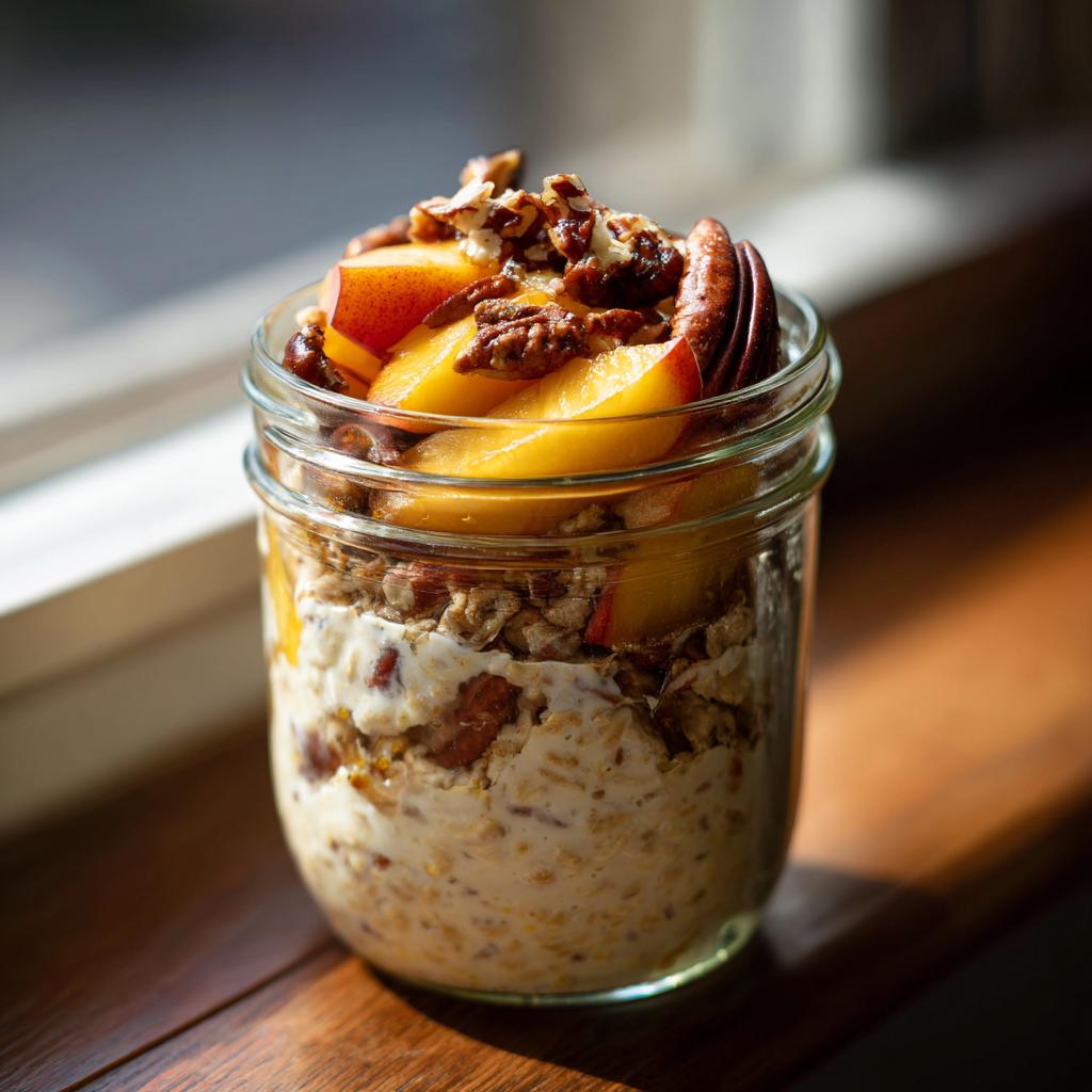 Overnight oats in a jar topped with fresh peach slices and chopped pecans, part of peach recipes.