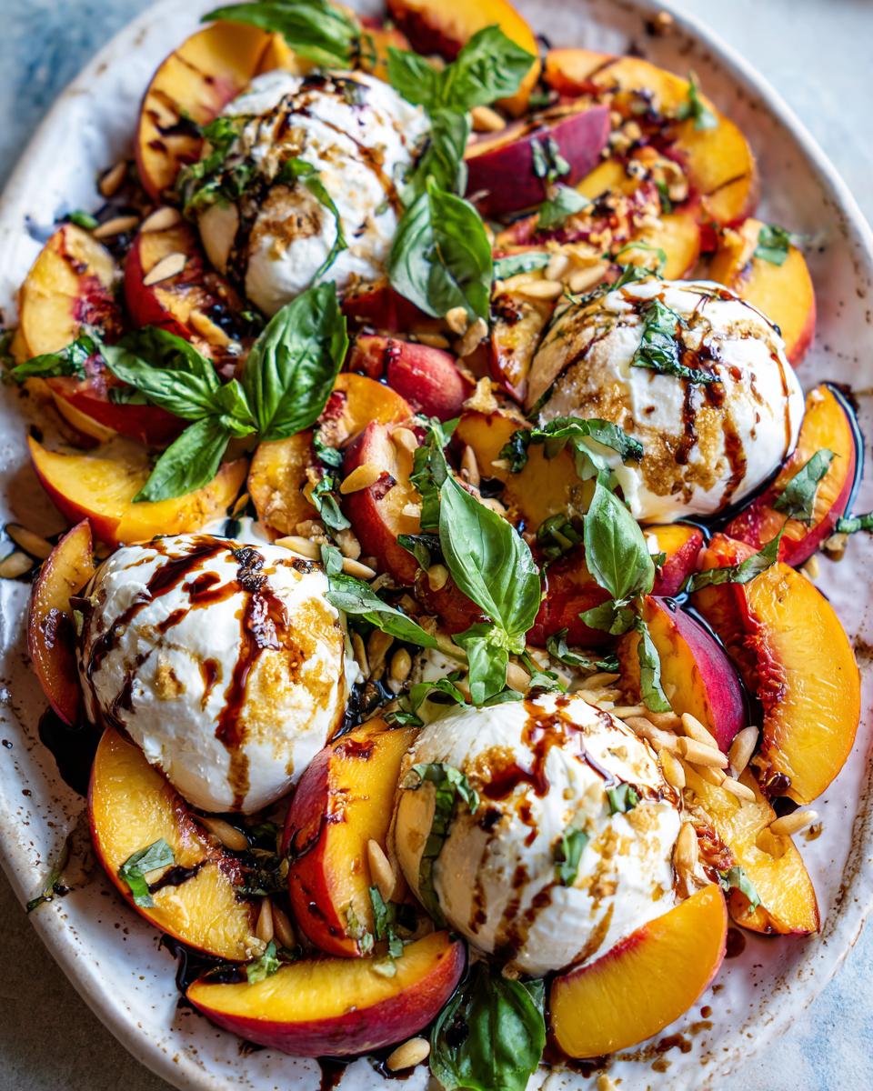 A vibrant platter of sliced peaches and burrata cheese, drizzled with balsamic glaze and garnished with basil and pine nuts.