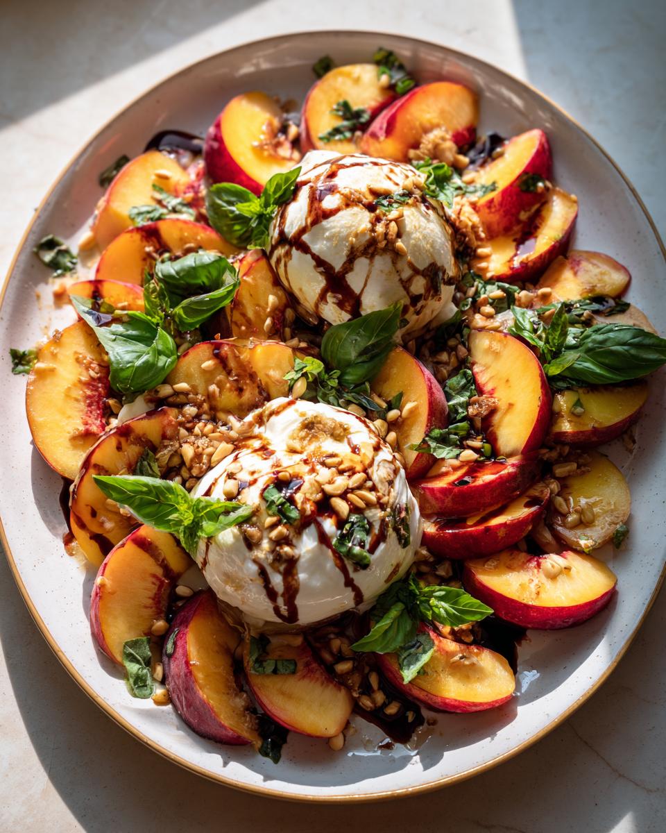 A beautiful platter of sliced peaches and burrata cheese, drizzled with balsamic glaze and garnished with basil and nuts.