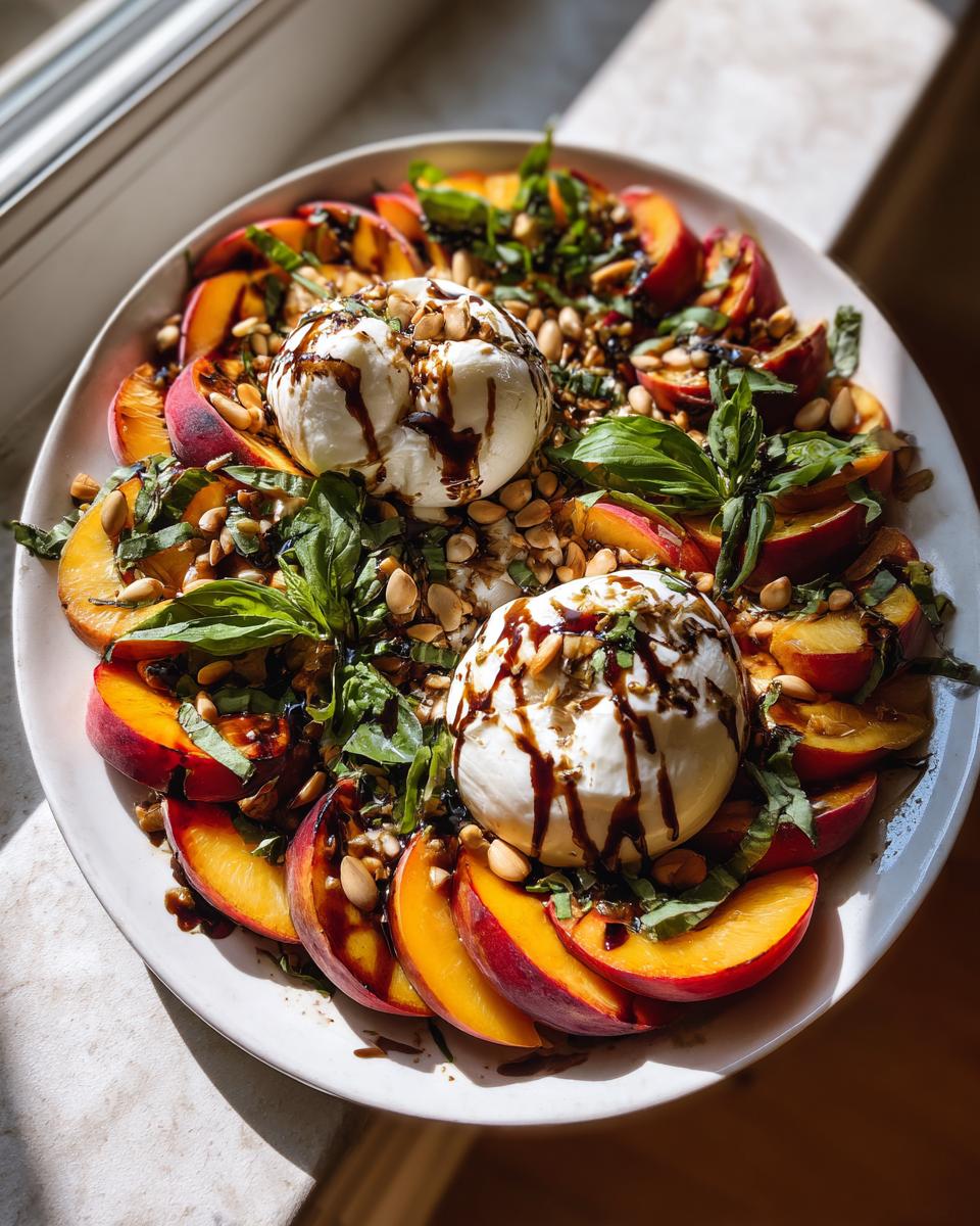 A beautiful Peach Burrata platter with fresh peaches, burrata cheese, basil, pine nuts, and balsamic glaze.