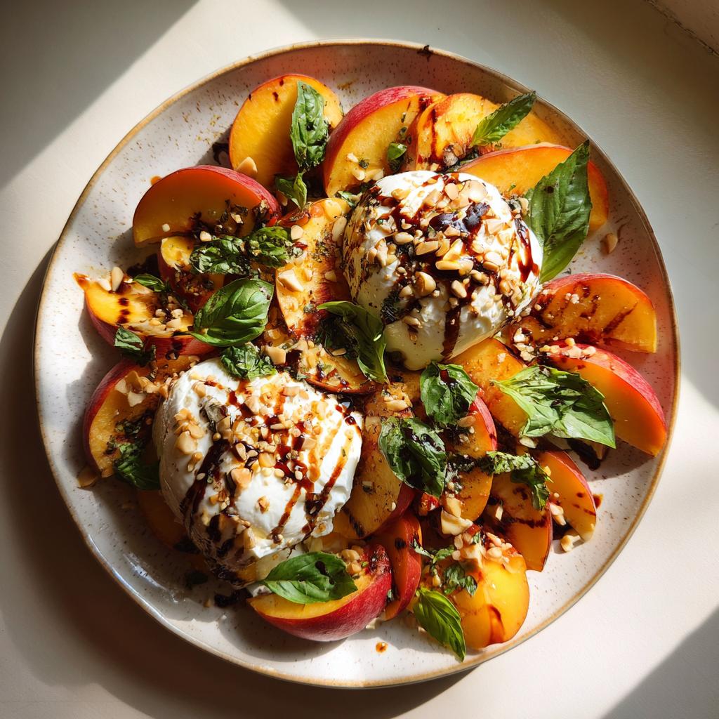 A vibrant peach burrata salad with fresh basil, drizzled with balsamic glaze and topped with nuts.