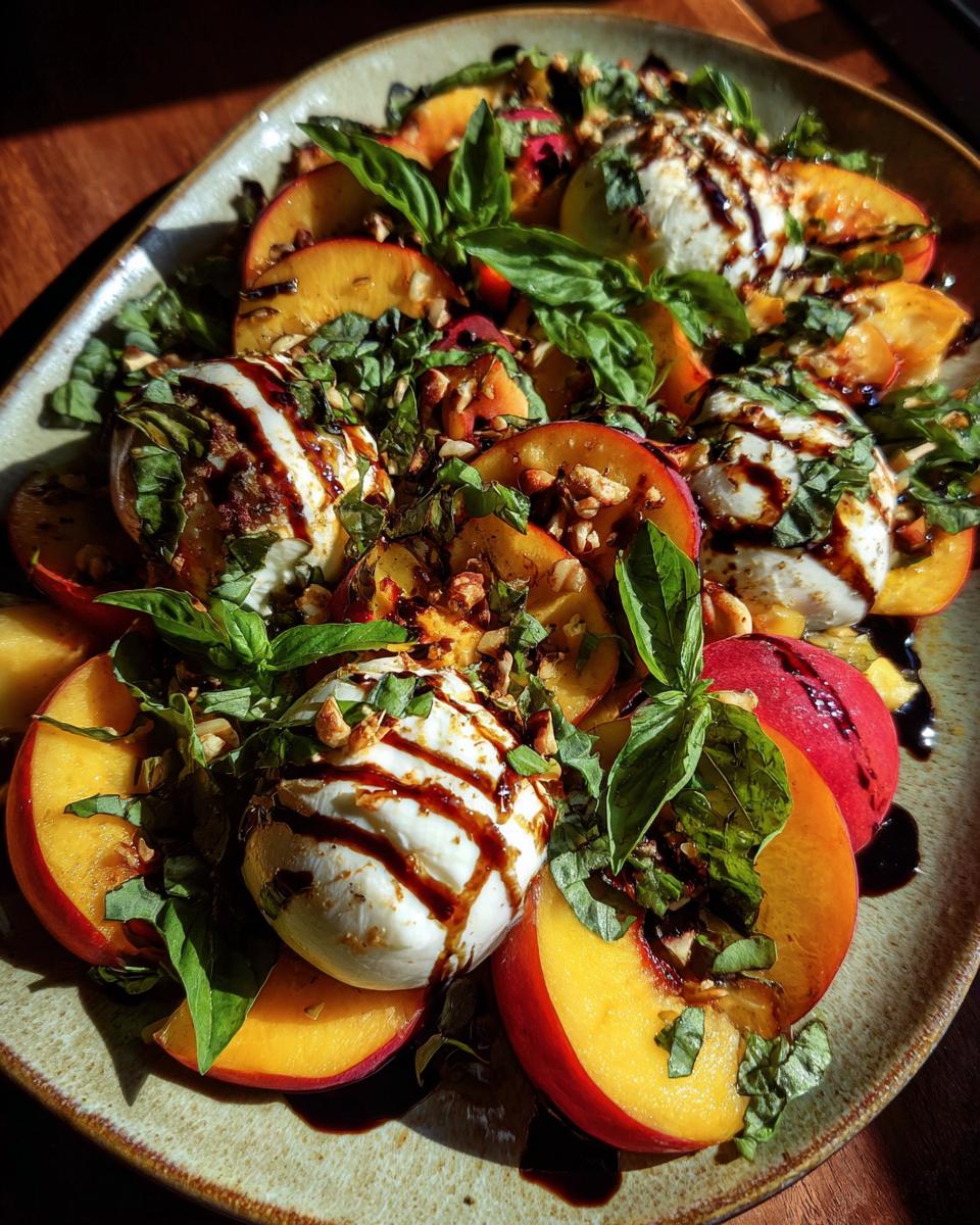 A beautiful summer salad featuring slices of fresh peaches and creamy burrata cheese, drizzled with balsamic glaze and topped with basil.