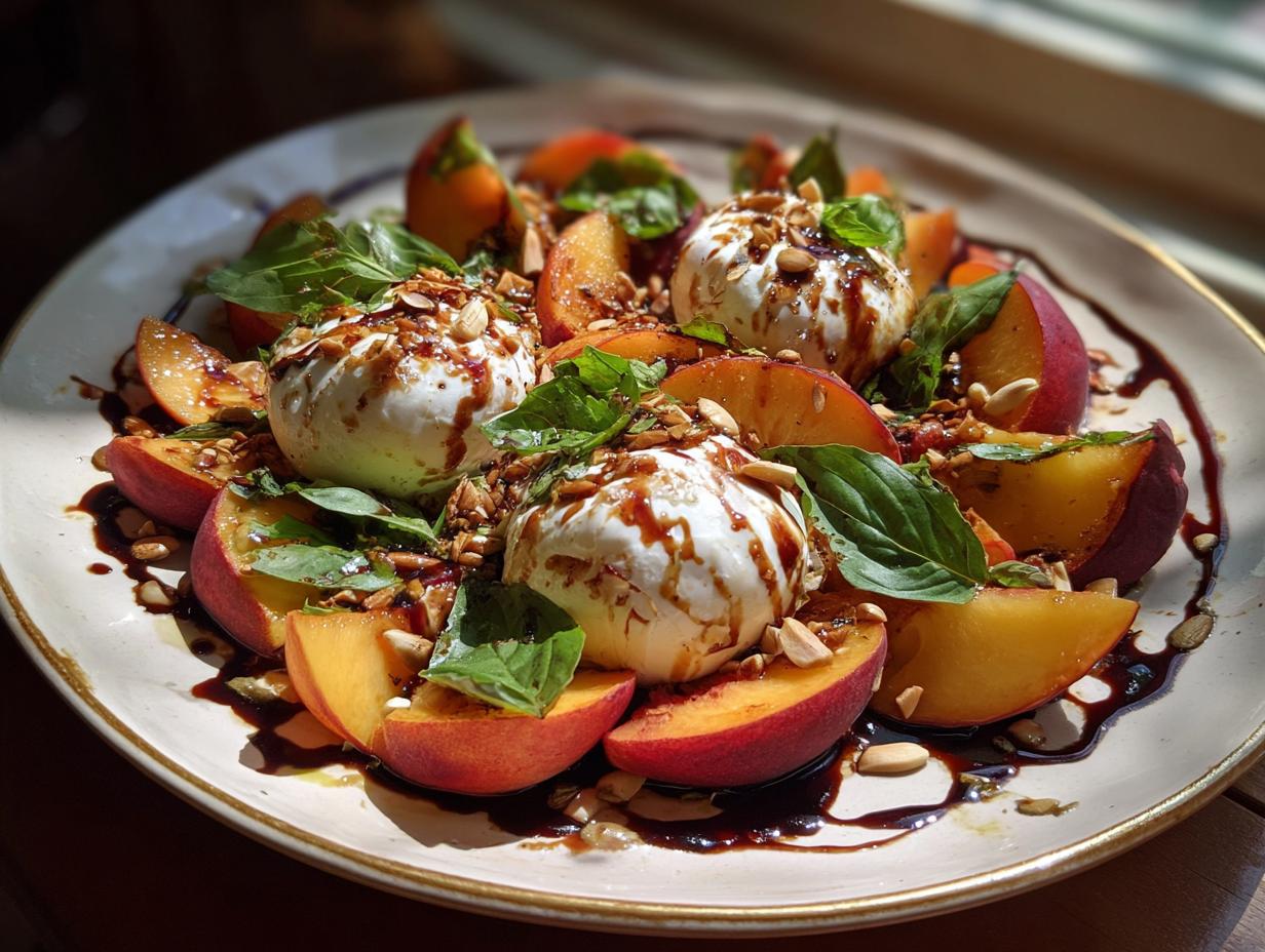 A refreshing summer salad featuring fresh peaches, creamy burrata cheese, basil, and a balsamic glaze.