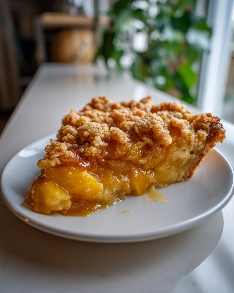 A close-up of a slice of peach cobbler with a crumb topping, showcasing juicy peaches and brown sugar glaze.