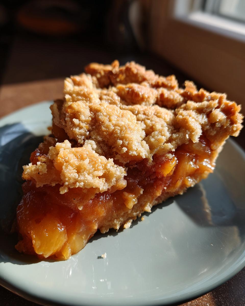A close-up of a delicious slice of peach cobbler with a crumbly brown sugar topping, showcasing the juicy peach filling.