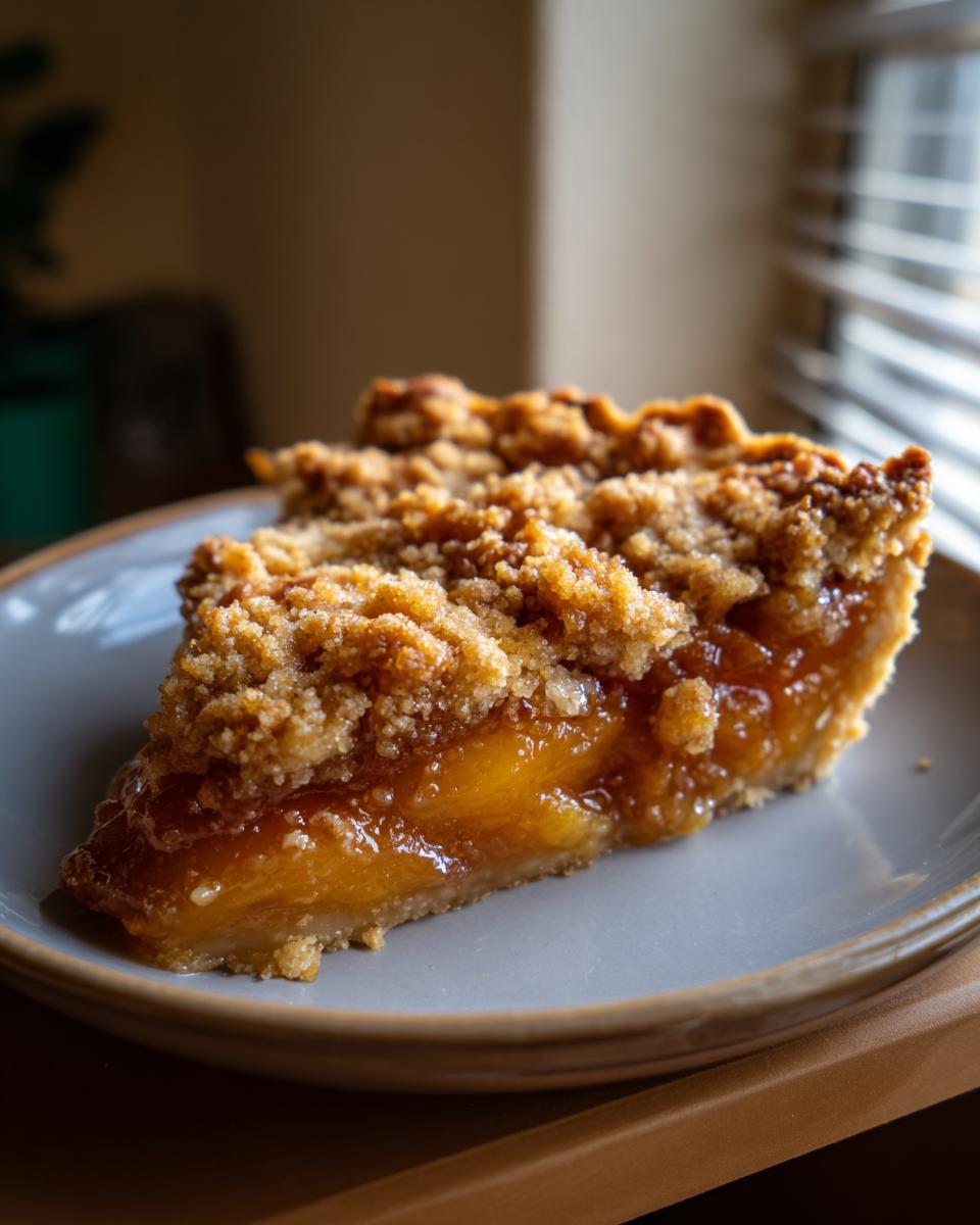 A delicious slice of peach cobbler with a brown sugar crumble topping, showcasing juicy peaches.