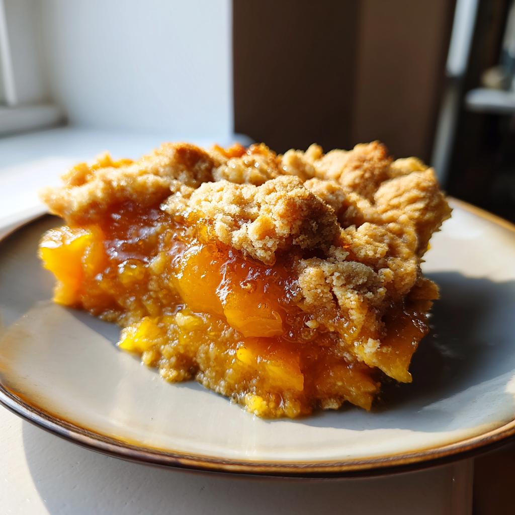A delicious slice of peach cobbler with brown sugar topping, showcasing juicy peaches and a crumbly crust.