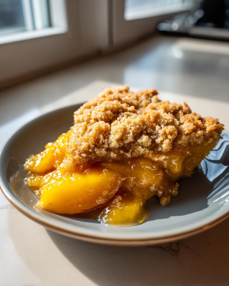 A close-up of a slice of peach cobbler with a brown sugar crumble topping, showcasing juicy peaches.