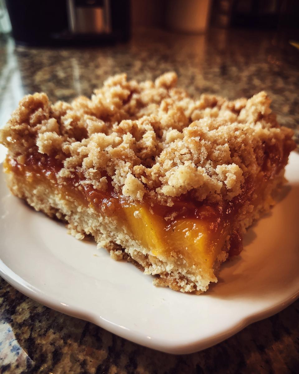 A slice of peach crumble bars with a buttery oat topping, showcasing the juicy peach filling and crumbly crust.